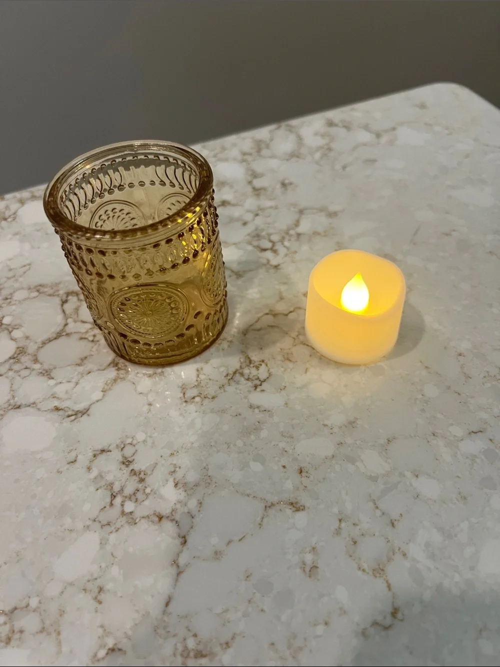 Textured Amber Glass Candle Holder - Decorative Accent